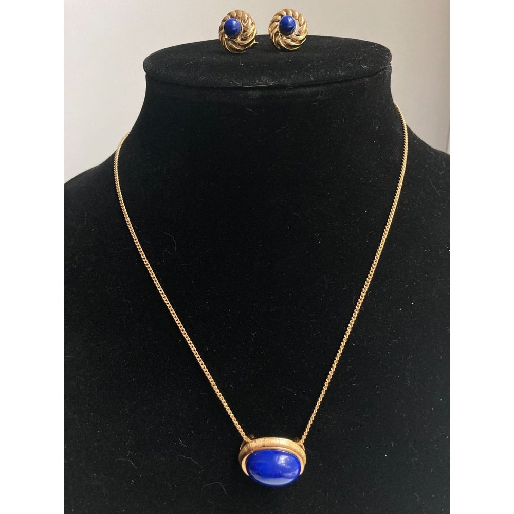 Set of Vintage Avon Gold & Blue Necklace and Clip-on Earrings